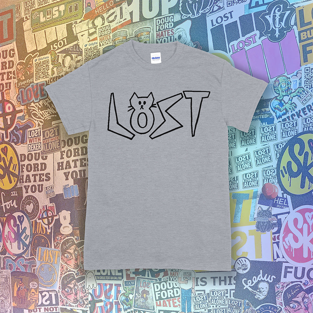Charlottes Black Cat Letters. Hand drawn design of cat shaped letters. Drawn by my daughter Charlotte, and printed with black ink on a grey shirt. Lots of cool stickers in the background.