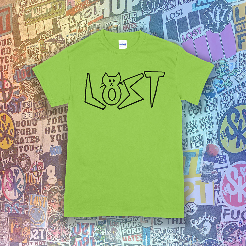 Charlottes Black Cat Letters. Hand drawn design of cat shaped letters. Drawn by my daughter Charlotte, and printed with black ink on a lime green cotton shirt. Lots of cool stickers in the background.