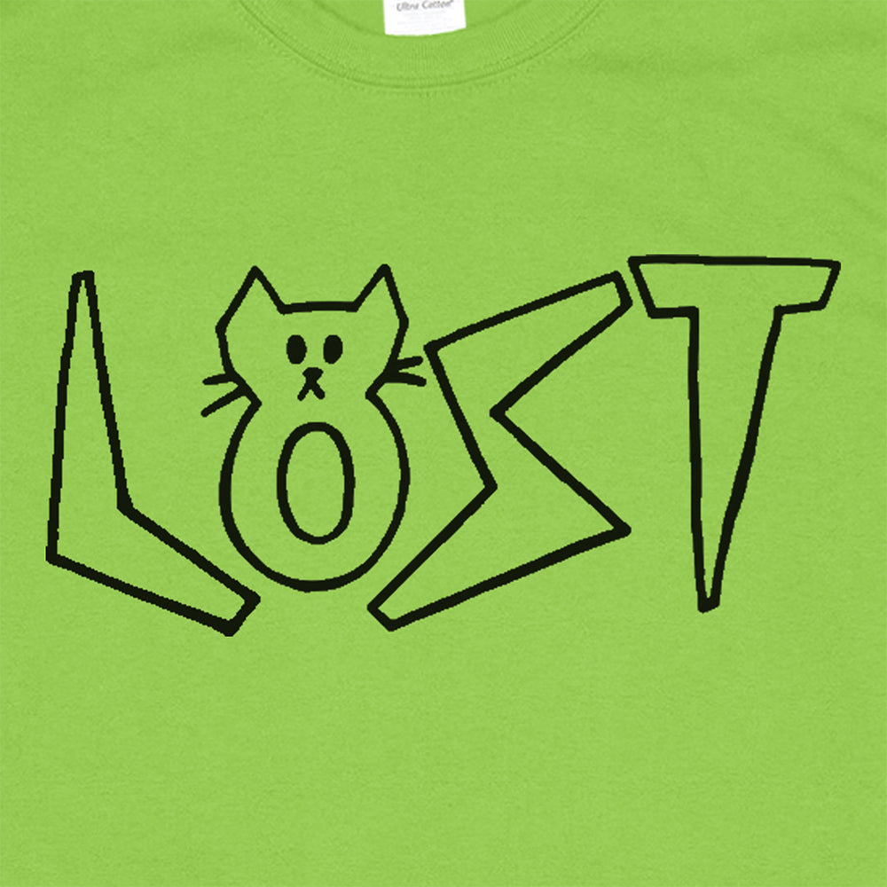 Close up view of Charlottes Black Cat Letter design. Hand drawn LOST logo with cat shaped letters. Drawn by my daughter Charlotte, and printed with black ink on a bright green cotton shirt.