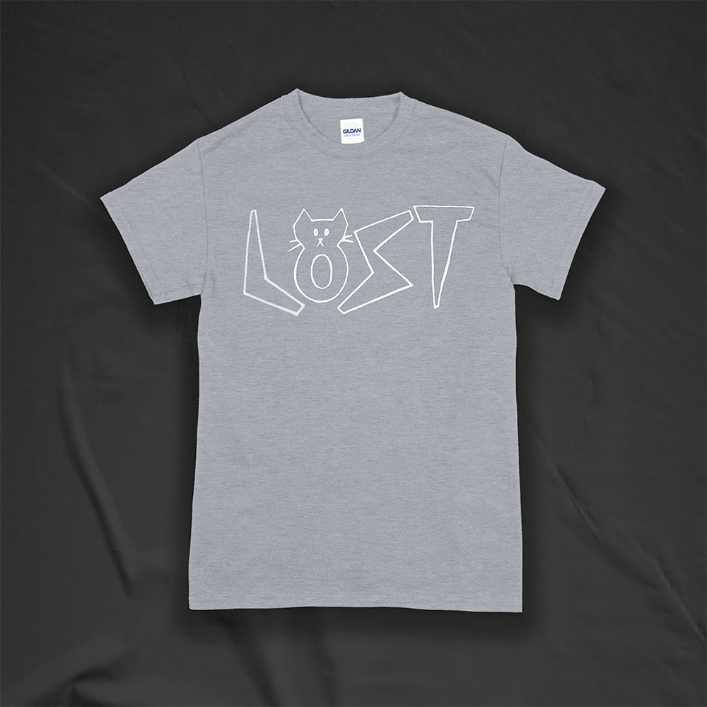Charlottes White Cat Letters. Hand drawn design of cat shaped letters. Drawn by my daughter Charlotte, and printed with white ink on a grey cotton shirt.