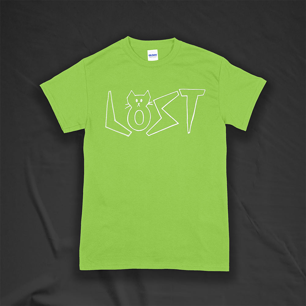 Charlottes White Cat Letters. Hand drawn design of cat shaped letters. Drawn by my daughter Charlotte, and printed with white ink on a lime green cotton shirt.