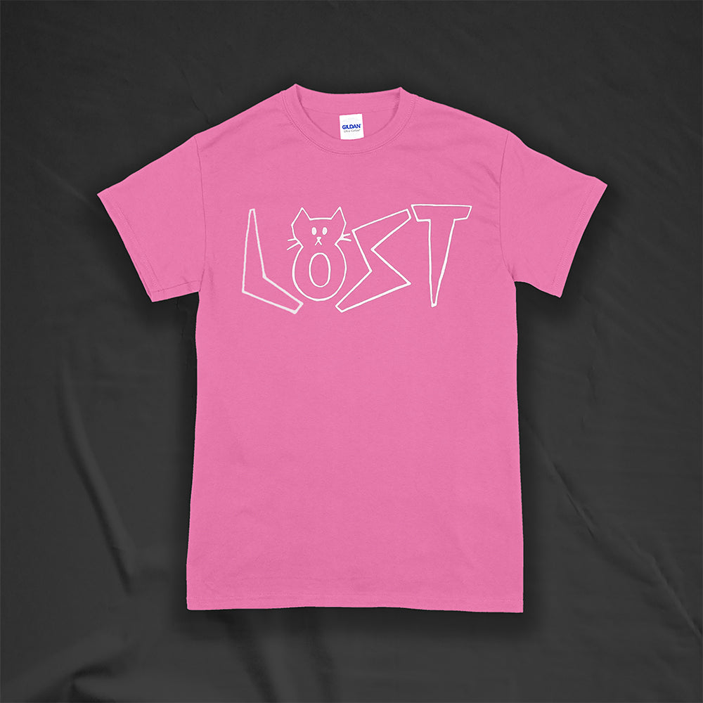 Charlottes White Cat Letters. Hand drawn design of cat shaped letters. Drawn by my daughter Charlotte, and printed with white ink on an azalea pink cotton shirt.