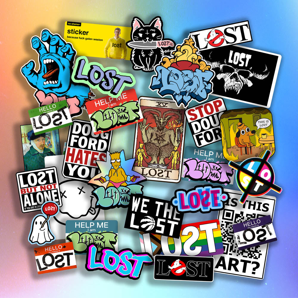 A large collection of colorful graffiti stickers spread out in front of a holographic rainbow background. The graffiti slaps and stickers are of all different shapes, sizes and colors.