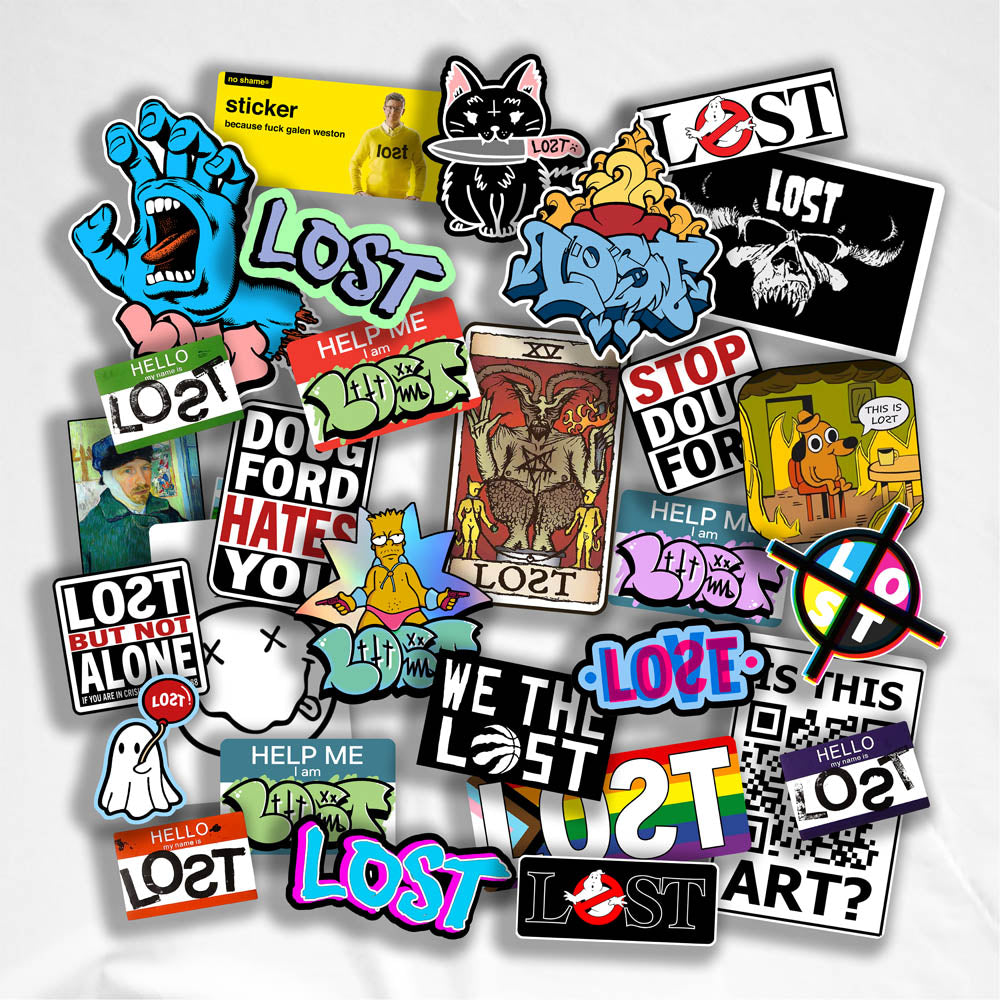 A large collection of colorful graffiti stickers spread out in front of a white background. The graffiti slaps and stickers are of all different shapes, sizes and colors.