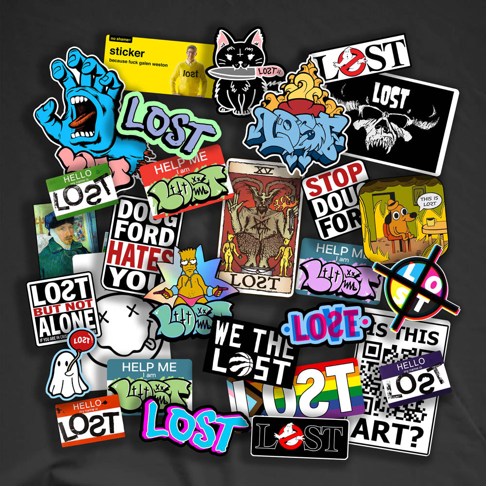 A large collection of colorful graffiti stickers spread out in front of a black background. The graffiti slaps and stickers are of all different shapes, sizes and colors.