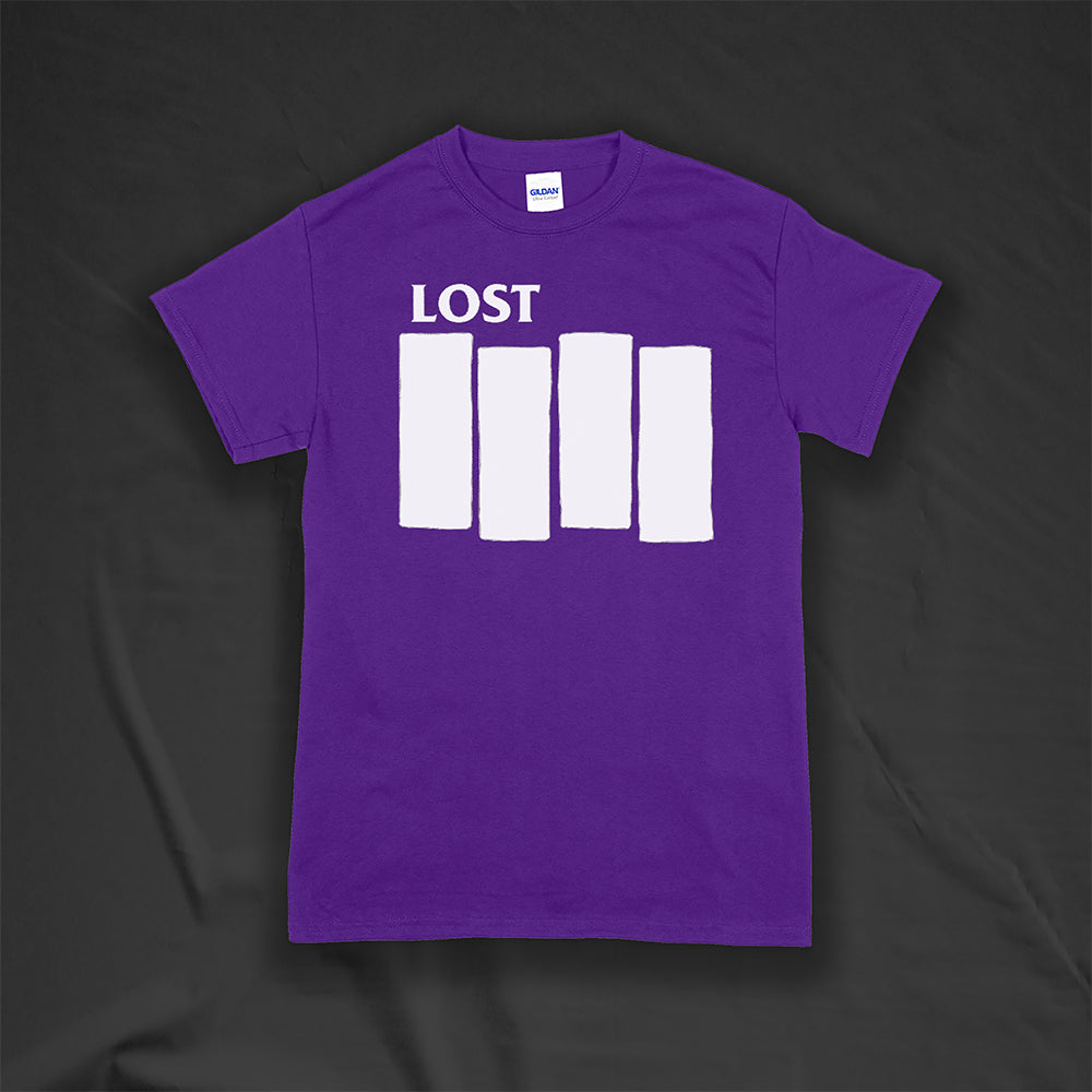 The Lost Flag t-shirt. The iconic bold logo is screen printed in white ink on a purple cotton shirt.