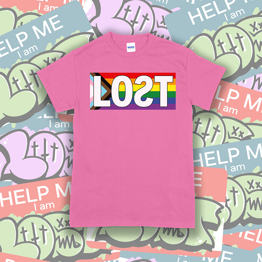 The Progress Flag shirt design by Lost Streetwear. Full color design displayed on a bright pink t-shirt. A collage of graffiti stickers provides a creative background for the shirt.
