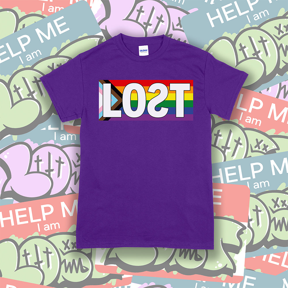 The Progress Flag shirt design by Lost Streetwear. Full color design displayed on a purple t-shirt. A collage of graffiti stickers provides a creative background for the shirt.